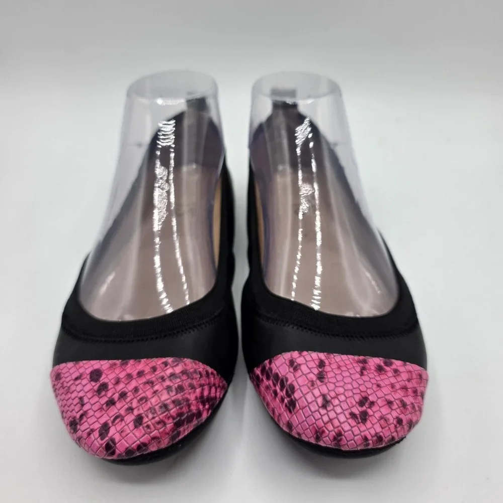 Yosi Samra Ballet Flats Samantha Womens 6 Black Leather Pink Snakeskin Foldable